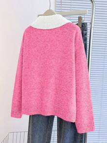 Franclia V-Neck 2 In 1 Long Sleeve Sweater, Autumn/Winter - Hot Pink - View 2