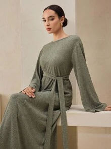 Graceveil Women's Green Autumn Soft Ribbed Knit Fabric Round Neck Flare Sleeve Button Tie Design Long Dress - Army Green - View 3