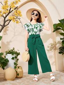 SHEIN 青少年女孩 2 件套无袖花卉印花上衣和纯色裤子套装