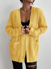 EMERY ROSE Women's Casual Solid Color Cardigan With Pockets - Yellow - View 5