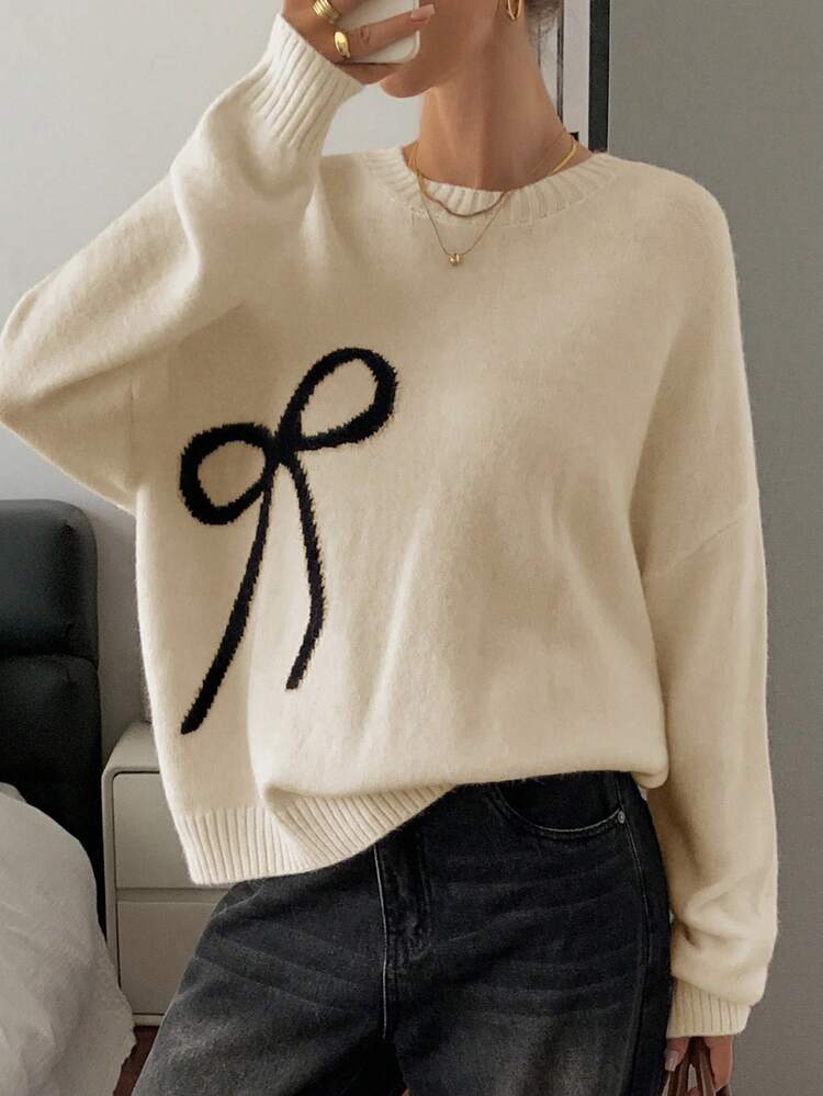 Cream-White Bow Knitted Sweater For Women, Loose Vintage Style, Autumn/Winter