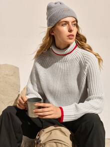 Easithlete Contrast Trim Fitted Long Sleeve Turtleneck Sweater, Fashionable For Autumn/Winter