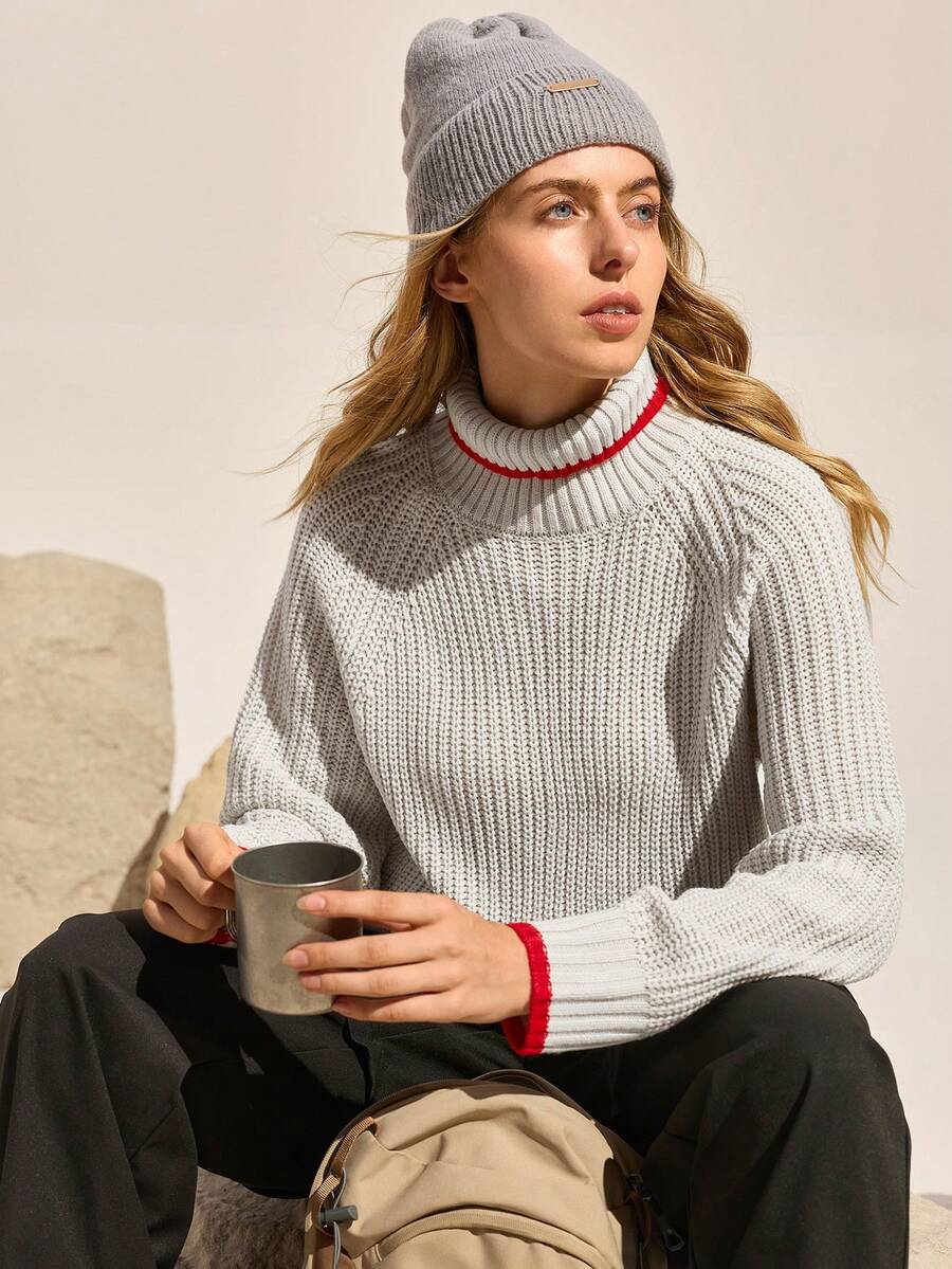 Easithlete Contrast Trim Fitted Long Sleeve Turtleneck Sweater, Fashionable For Autumn/Winter