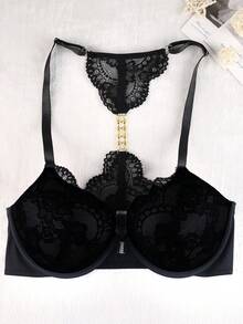 SHEIN 1件加大码蕾丝拼接前扣撞色露背内衣文胸 - 黑色 - 查看 6