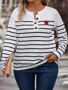 EMERY ROSE 全新大码女式时尚心形条纹印花纽扣袖口长袖T恤 - 彩色 - 查看 4