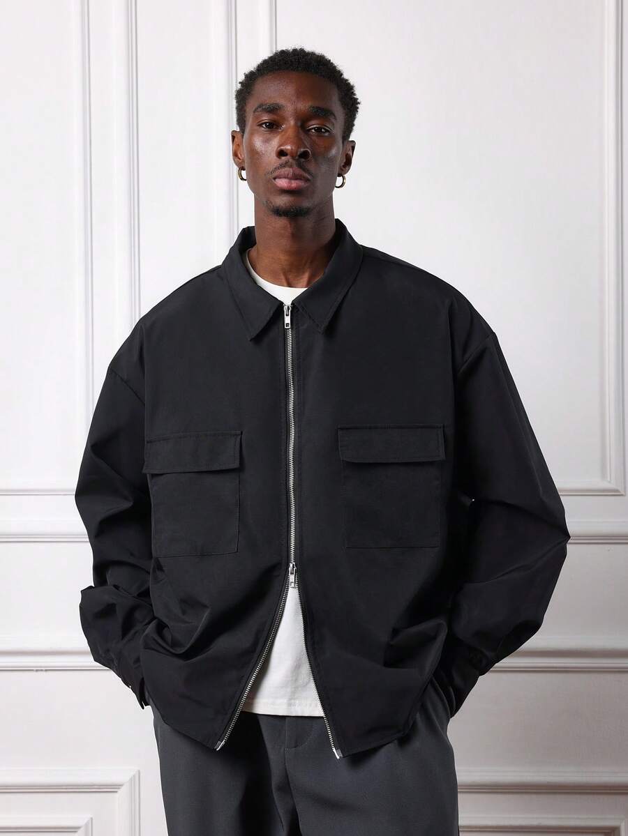 SUMWON Regular Fit Nylon Utility Jacket With Chest Pockets And Full Zip Closure For Casual Wear - Black - View 1