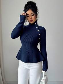 SHEIN Elenzya 女士优雅通勤蓝色金属纽扣高领双面肩袖腰部修身针织毛衣，秋冬 - 藍色 - 查看 8