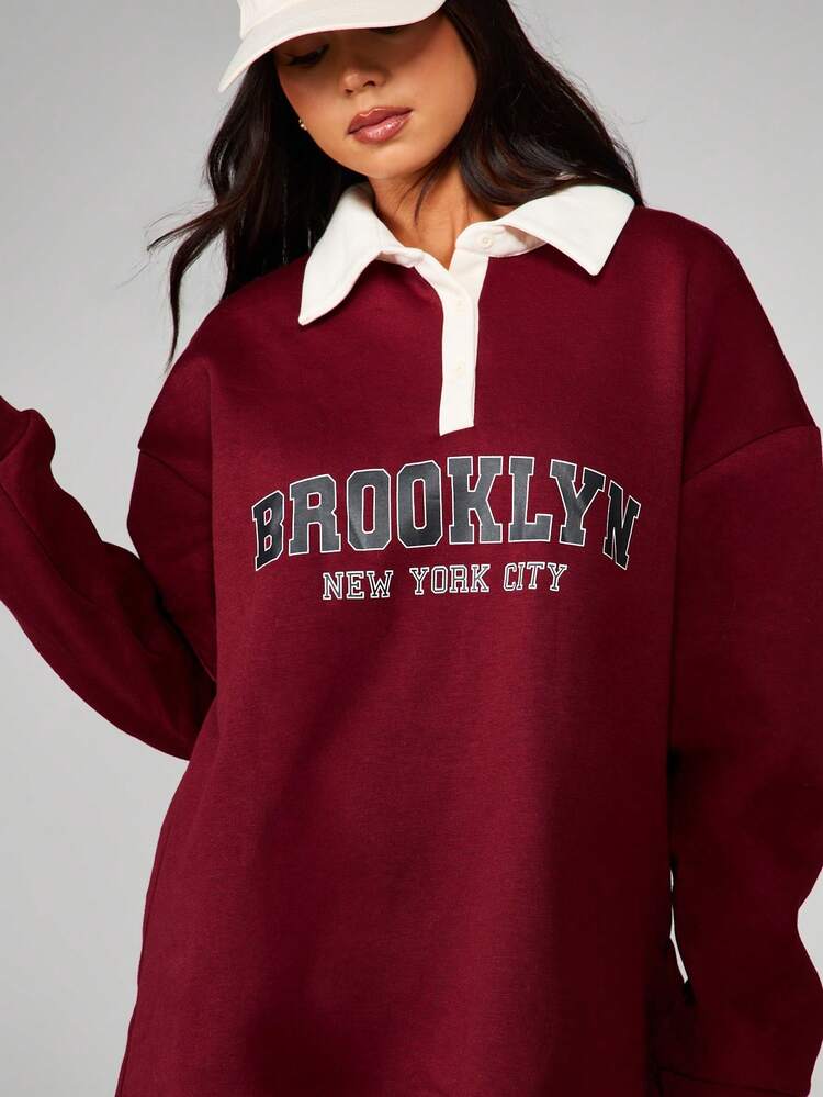 MISSGUIDED Long Sleeve Collared Sweatshirt With Brooklyn Print And Contrast Trim Details
