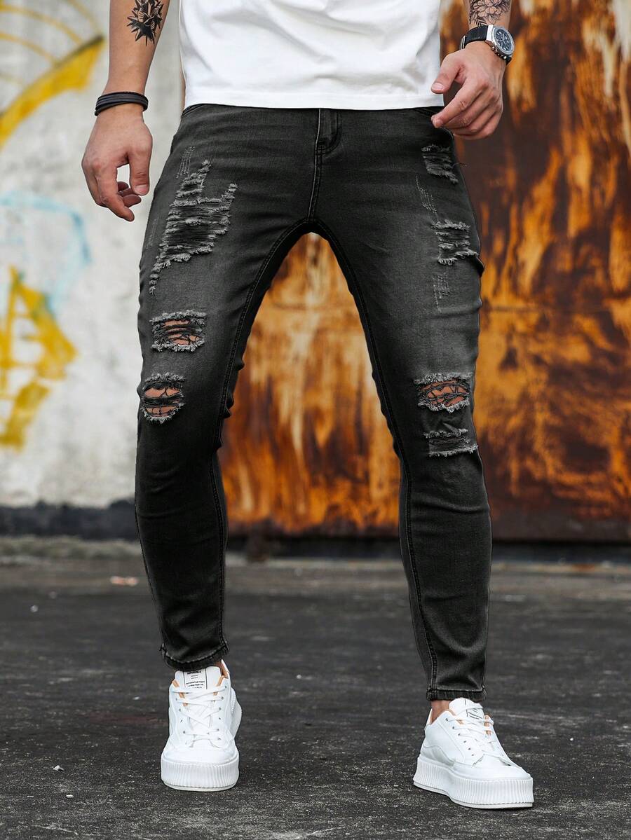 Manfinity LEGND Men's Solid Color Ripped Skinny Pocket Casual Versatile Jeans Men Ripped Frayed Skinny Jeans - Black - View 1