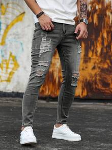 Manfinity LEGND Herren Lässig Mode Destroyed Skinny Jeans Slim Fit Lange Jeans Graue Herren Jeans Herren Zerrissene Jeans