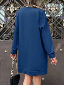 EURMUSE Cotton Solid Drop Shoulder Split Hem Sweatshirt Dress - Navy Blue - View 2