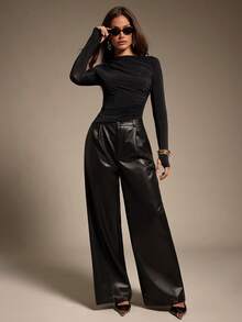 Hauture 女式性感基本款透视仿肤褶饰长袖上衣 - 黑色 - 查看 3