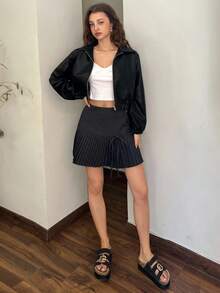 DAZY 1件女士纯色前拉链长袖口袋简约PU皮夹克，秋季女装皮夹克