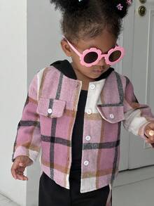 SHEIN 2 pièces Ensemble veste à capuche rose à carreaux patchwork et pantalon à taille élastique pour bébé fille, doux et polyvalent, vêtements de bébé fille pour le printemps/automne/hiver