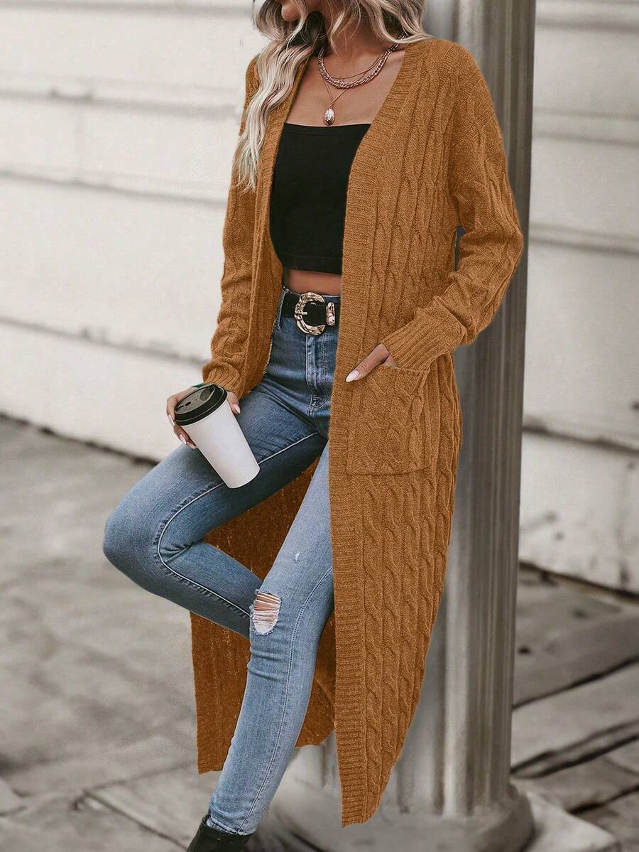 EMERY ROSE Áo khoác len cardigan dài tay, hai túi, dáng rộng, thường ngày cho nữ, Thu/Đông - Màu Khaki - Xem 1