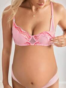 Moonlight&Mama Soutien-gorge d'allaitement en dentelle patchwork de Noël, maternité et allaitement, couleurs contrastées, pour femmes enceintes et en post-partum - Rose bonbon - Voir 1