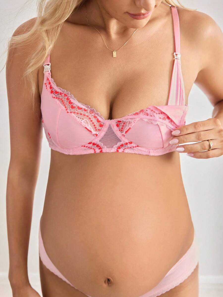 Moonlight&Mama Soutien-gorge d'allaitement en dentelle patchwork de Noël, maternité et allaitement, couleurs contrastées, pour femmes enceintes et en post-partum - Rose bonbon - Voir 1