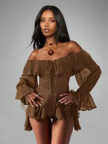 MISSGUIDED 露肩雪纺挤奶女工连体衣，带有荷叶边袖子和系带紧身胸衣细节 - 咖啡棕 - 查看 3