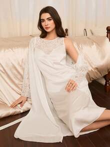 Moireta 2件套女士优雅性感无袖雪纺睡裙及腰带睡袍秋冬装 - 白色 - 查看 4