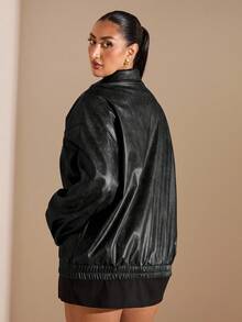 SHEIN BAE 大码女式纯色落肩长袖前拉链宽松休闲 PU 皮夹克，秋季 - 黑色 - 查看 2