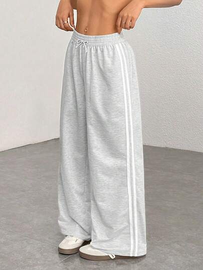 SHEIN Tween Girls' Loose Fit Floral Print Sweatpants With Ribbon, Casual & Fashionable For Everyday Wear Wide Leg Sweatpants Grey Sweatpants Sweatpants With Stripes Wide Leg Pants Loose Sweatpants Fall Winter