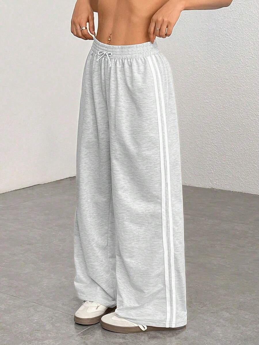 SHEIN 青少年女孩宽松花卉印花运动裤，带丝带，休闲时尚，适合日常穿着 - 灰色 - 查看 1