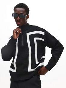 SUMWON Regular Quarter Zip Raised Neck Knitted Jumper With Logo Pattern Chunky Knit Pullover Sweater Plain - Black and White - View 1