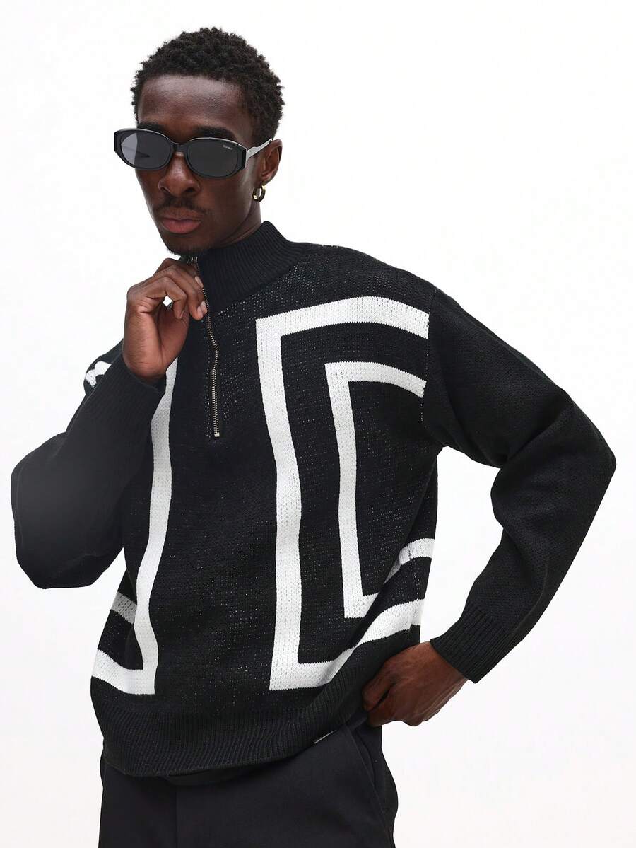 SUMWON Regular Quarter Zip Raised Neck Knitted Jumper With Logo Pattern Chunky Knit Pullover Sweater Plain - Black and White - View 1