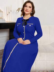 Modelyn Plus Size Ribbed Bowknot Decor A-Line Long Sleeve Casual Dress Suitable For Spring And Autumn Maxi Women Outfit Long Evening Dresses - Blue - View 5