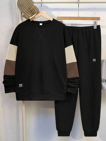 SHEIN 2 件套青少年男童休闲拼布撞色圆领运动衫和慢跑裤套装，适合秋季、冬季、学校、家居、日常、运动、生日派对、郊游，百搭百搭保暖内衬