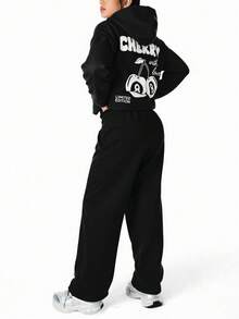 SHEIN Explorewe 2pcs/Set Teen Girls Casual Sports, Cherry & Letter Print Hoodie Sweatshirt + Loose Fit Thermal Lined Hoodie & Long Sweatpants Set Fall Winter - Black - View 2