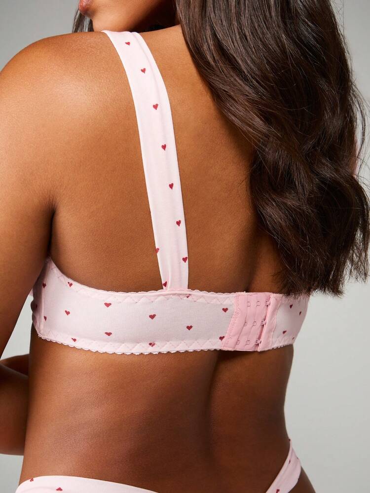 MISSGUIDED Women Heart Print With Small Bow Detail Bra And Panty Thong Set