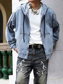 ROMWE MEN Street Life Men's Autumn Drop Shoulder Long Sleeve Zip Front Casual Drawstring Hooded Denim Jacket - Blue - View 4