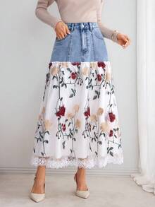 Selianne 女士中长款牛仔撞色网眼甜美高腰 A 字裙 - 中等水洗藍 - 查看 5