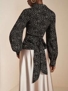 JIAN LASALA Blusa casual da donna con stampa a pois su tutto il capo, maniche a palloncino, vita con laccio incrociato, elegante e di stile luxury