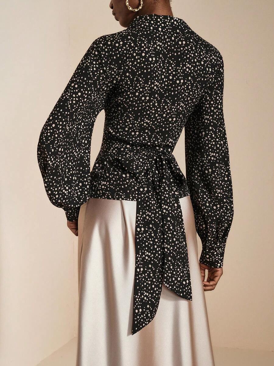 JIAN LASALA Blusa casual da donna con stampa a pois su tutto il capo, maniche a palloncino, vita con laccio incrociato, elegante e di stile luxury