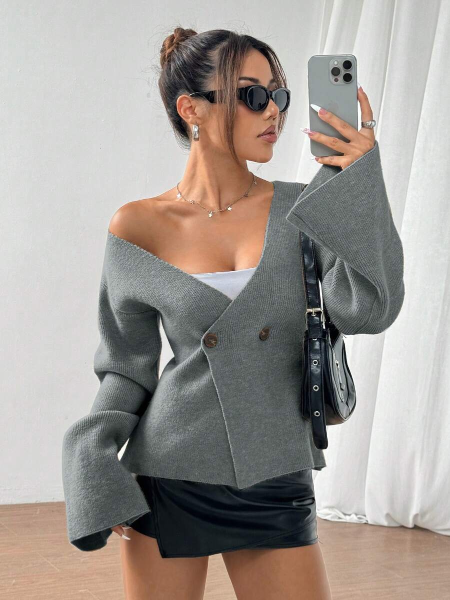 SHEIN Unity Áo len cardigan dệt kim hai hàng khuy, thắt eo thời trang dành cho nữ, Thu/Đông - Xám - Xem 1