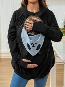 SHEIN Maternity Cartoon Pattern Zip-Up Hooded 3-In-1 Jacket