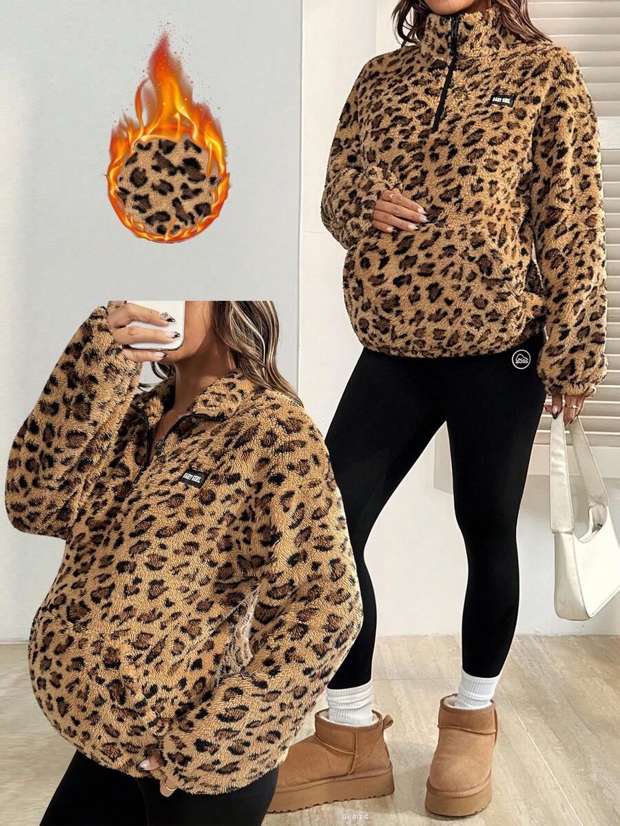 SHEIN Maternity Autumn And Winter Pregnant Women's Letter & Leopard Print Fleece Half-Zip Casual Sweatshirt, Autumn/Winter Leopard Print - Brown - View 1
