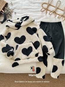 LMoss Kids LMoss 两件套女童扎染圆领抓绒卫衣和打底裤套装，女童爱心印花套装，女童舒适套装，女童冬季套装，女童羊羔绒套装，女童服装，女童爱心套装，女童爱心套装，圣诞节，舒适秋冬款式，温暖秋冬款式，温暖秋冬款式，连帽衫 - 彩色 - 查看 3
