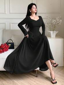 Feyla 女士优雅收腰 A 字形连衣裙 - 黑色 - 查看 5