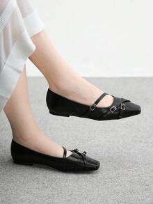 CUCCOO BIZCHIC Giày bệt Mary Jane mũi vuông màu đen có khóa chéo, thoải mái khi đi làm và mặc váy - màu đen - Xem 2