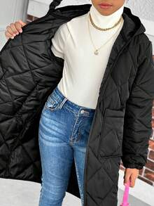 Tonårsflicka Casual Basic Vardags Hemkläder Diamantmönster Lång Vadderad Kappa, Varm För Höst/Vinter - Svart - Visa 5