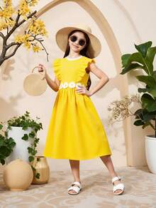Tween Girl Appliques Ruffle Trim Dress - Yellow - View 4