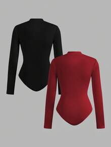 SHEIN EZwear 2 件套女式拉链高领紧身衣套装，休闲长袖紧身衣，春秋季 - 彩色 - 查看 2