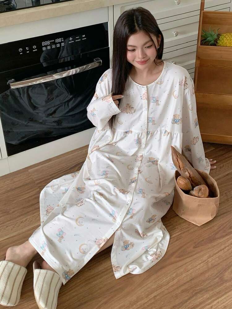 Dazy Plus Plus Size Cute Cartoon Bear Pattern Loose Long Sleeve Casual Nightgown, Winter, Moo Moo Night Dress