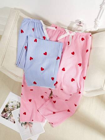 Dream Adore 2pcs Women's Heart Print Pajama Pants, Bow Decor, Fresh & Cute Sleepwear Fall Winter Clothes