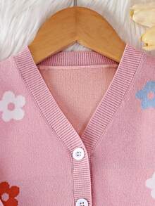 SHEIN 2pcs Baby Girls Floral Print Knit Cardigan Sweater And Wide Leg Pants Set, Casual, Comfortable, Versatile, Suitable For Everyday Wear, Autumn/Winter - Pink - View 8