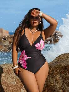 Swim Vcay 大码女式连体印花修身收腹泳衣 - 黑色 - 查看 5