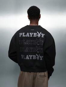 PLAYBOY X SUMWON Áo nỉ chui đầu dáng croptop in logo họa tiết tay dài thường ngày dạo phố - màu đen - Xem 3